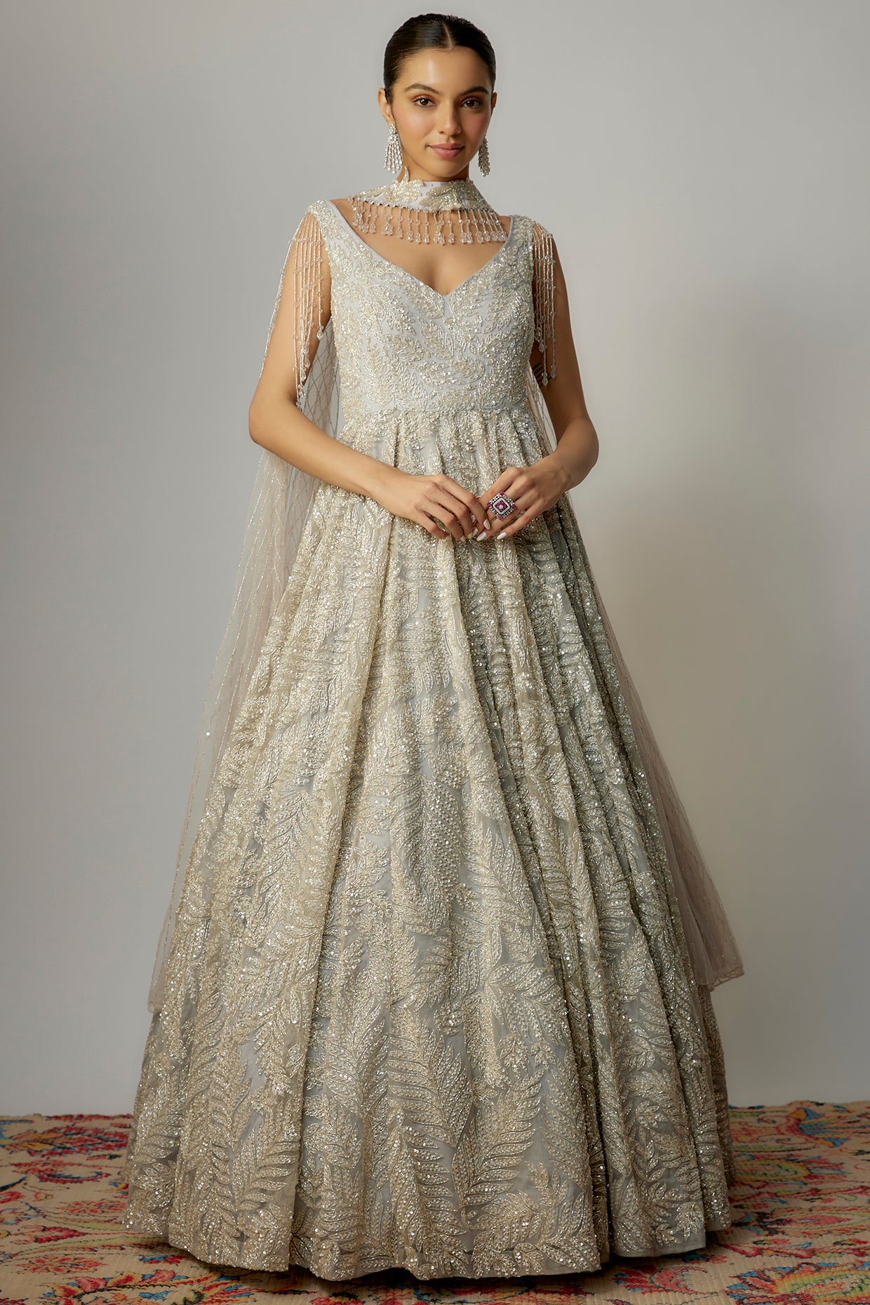 Grey net sequins embellished gown with dupatta