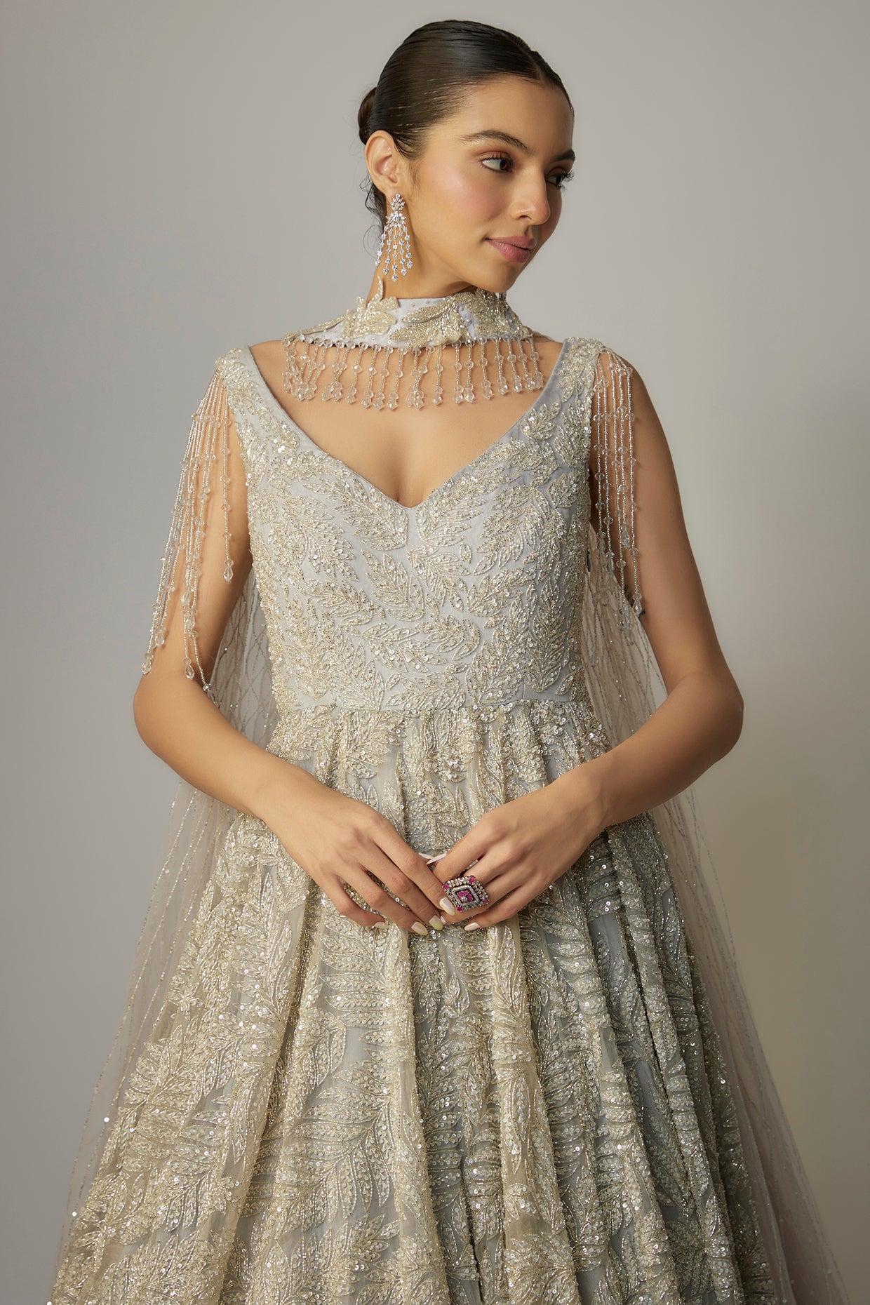 Grey net sequins embellished gown with dupatta