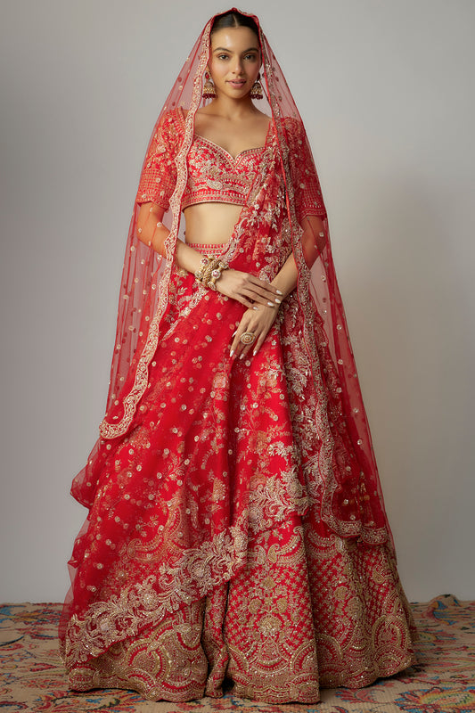 Red raw silk zardosi embellished lehenga set