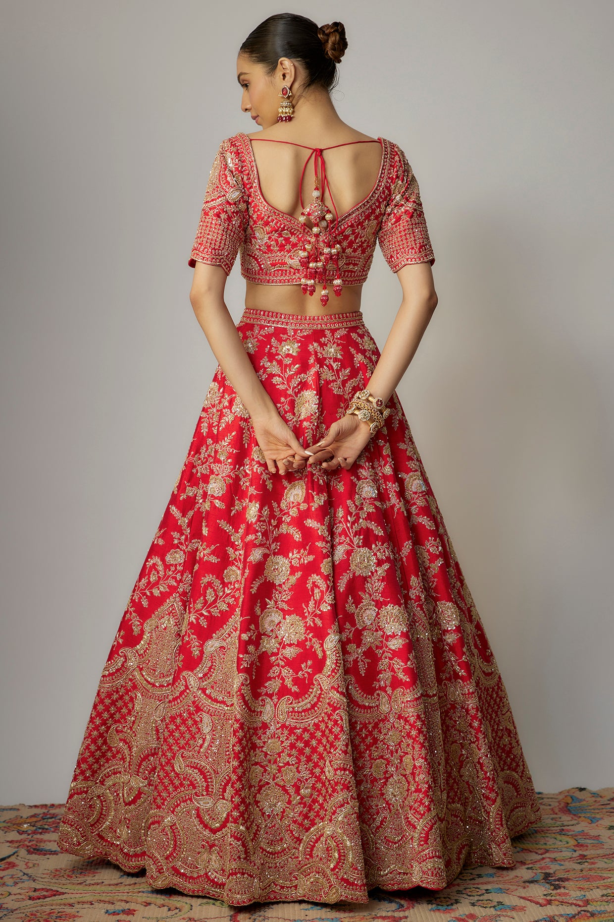 Red raw silk zardosi embellished lehenga set