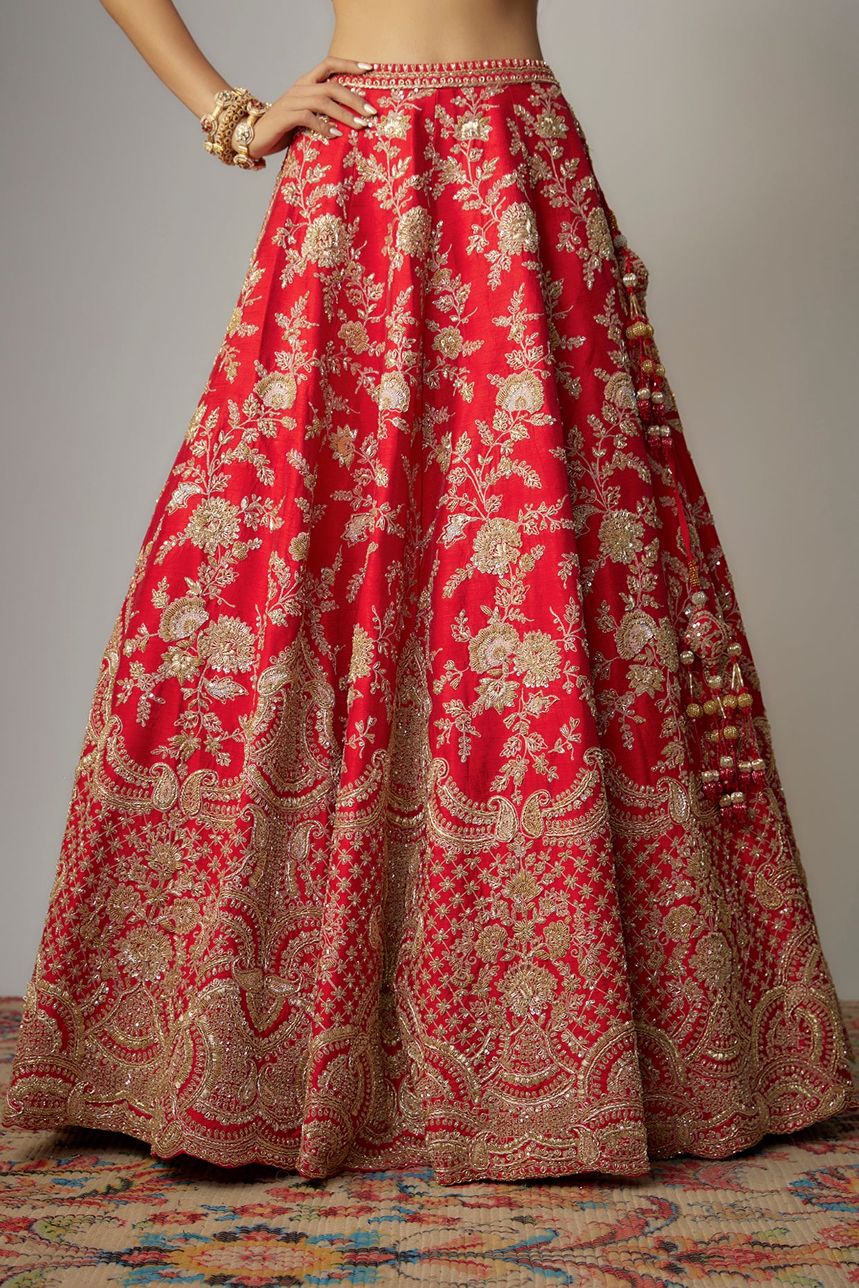 Red raw silk zardosi embellished lehenga set