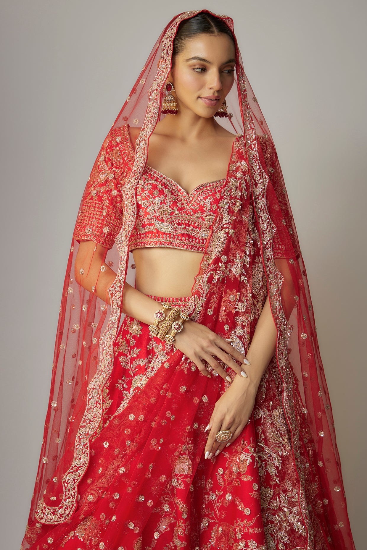 Red raw silk zardosi embellished lehenga set