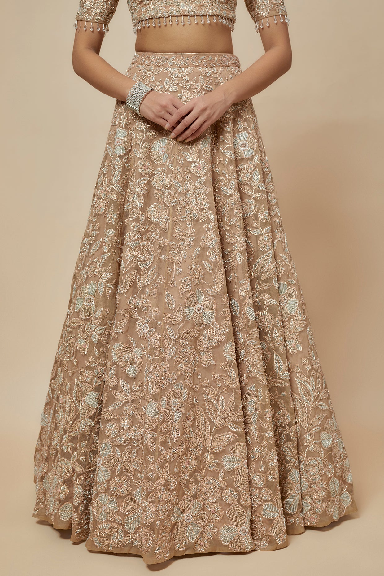 Gold Organza Hand Embroidered Lehenga Set