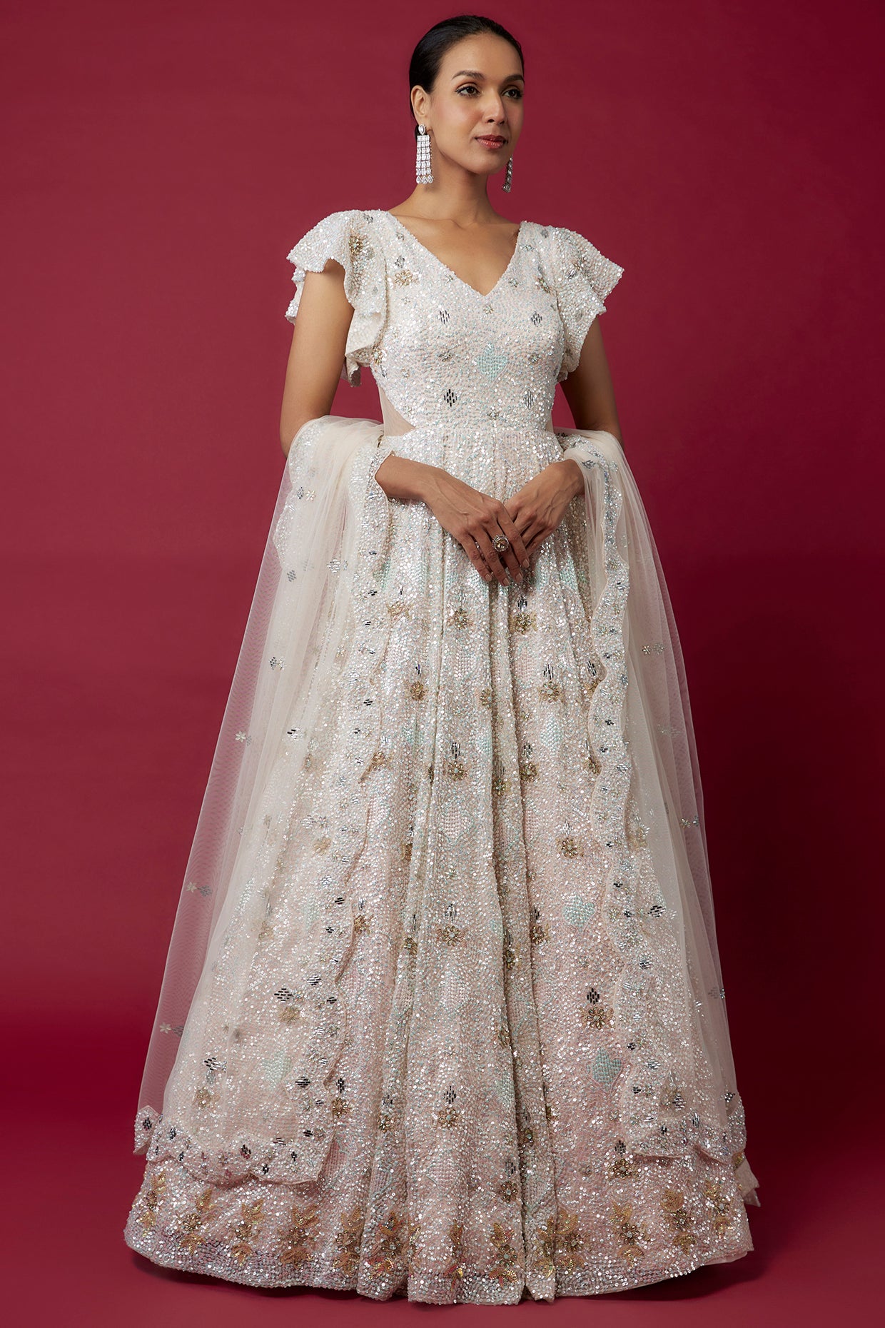 ivory organza hand & machine embroidered anarkali set