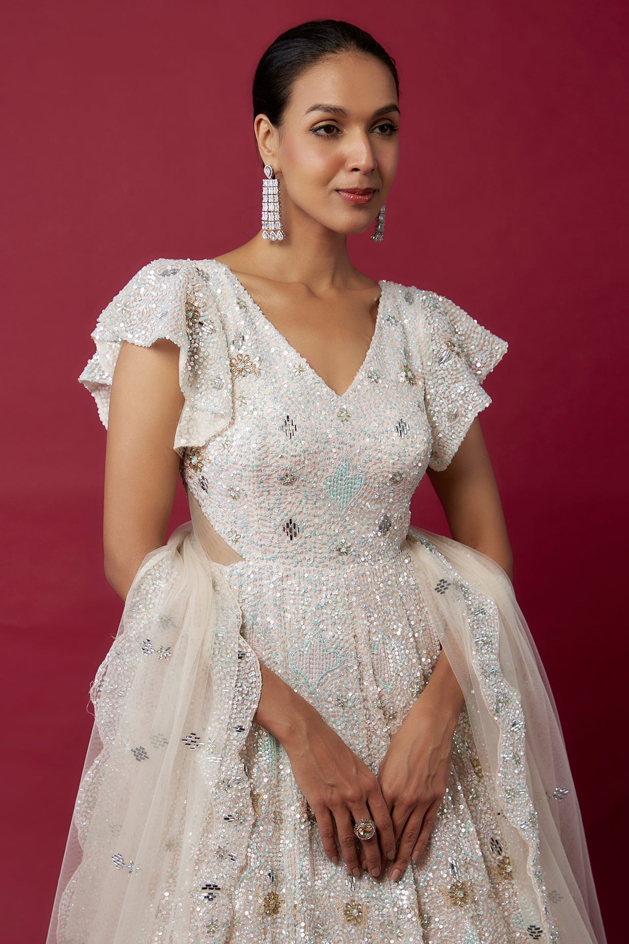 ivory organza hand & machine embroidered anarkali set