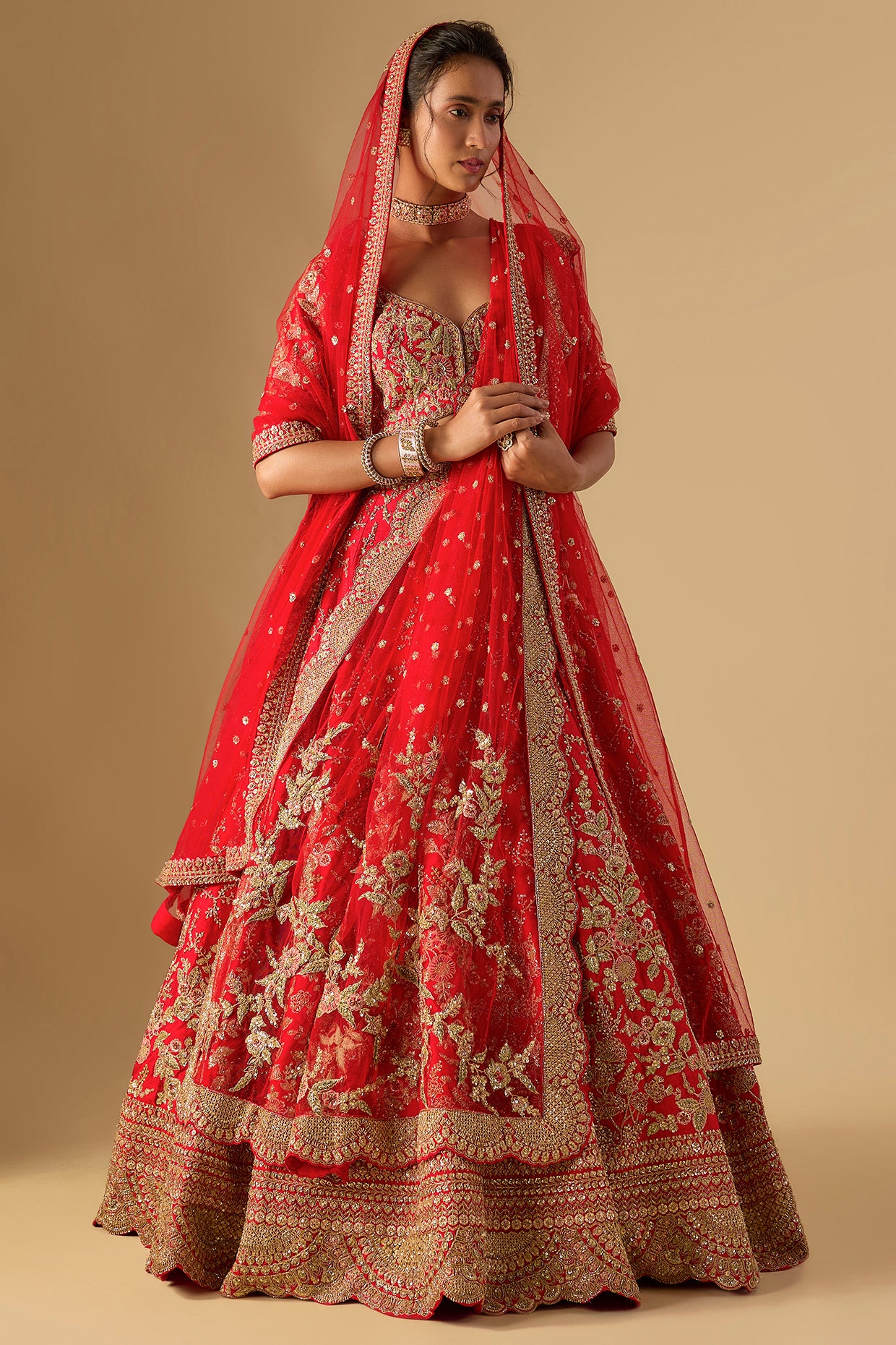 red raw silk zardosi embellished lehenga set