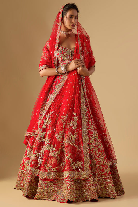 red raw silk zardosi embellished lehenga set