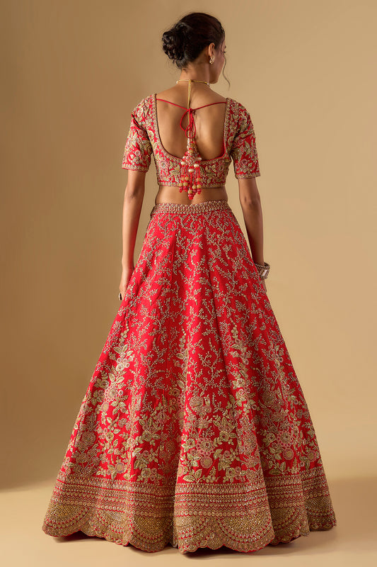 red raw silk zardosi embellished lehenga set