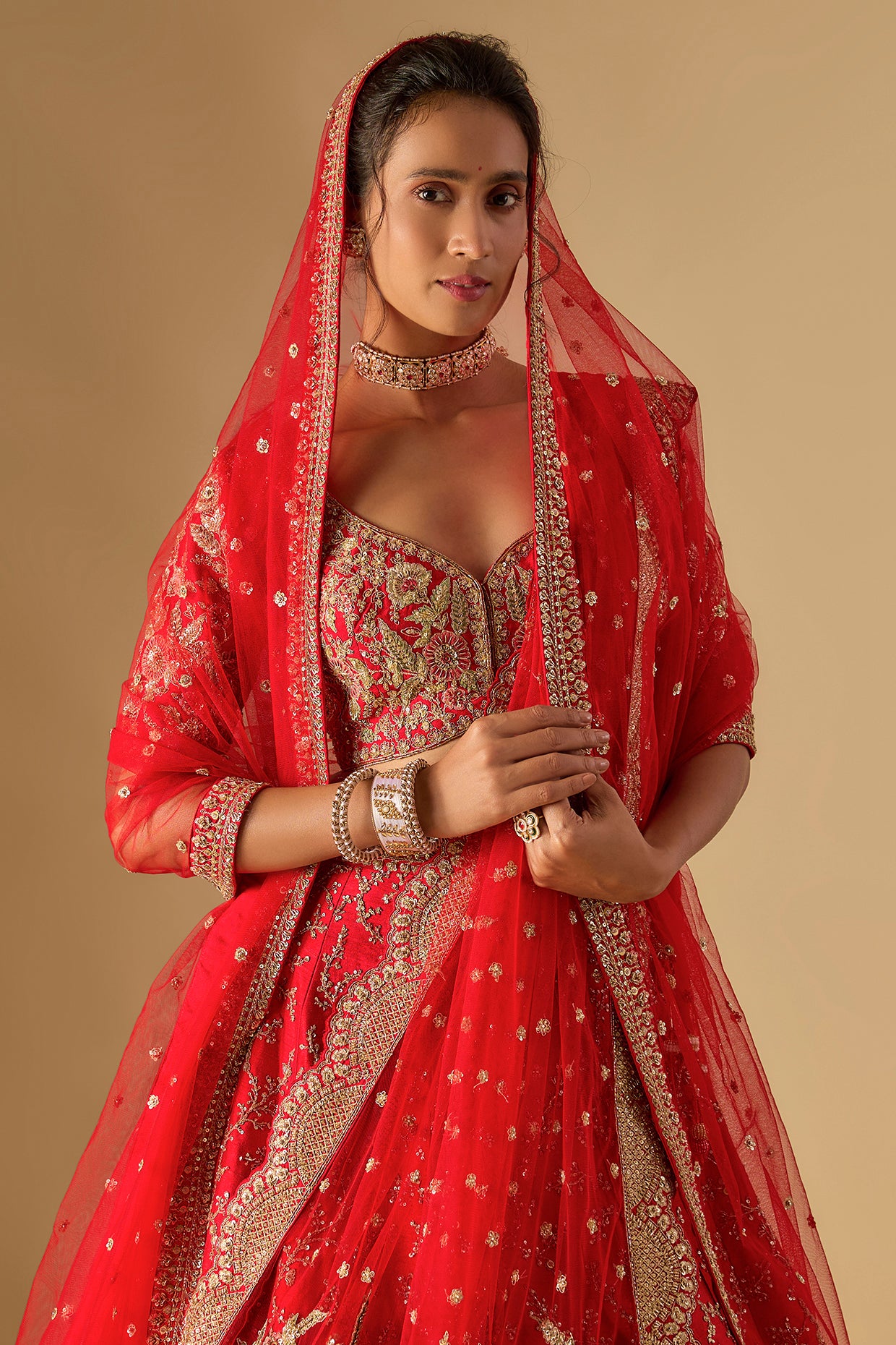 red raw silk zardosi embellished lehenga set