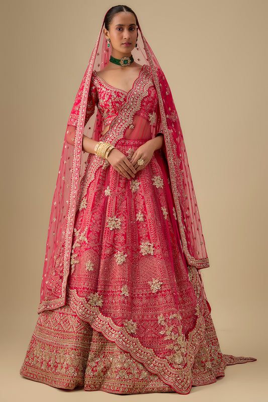 rani pink raw silk hand & machine embroidered lehenga set
