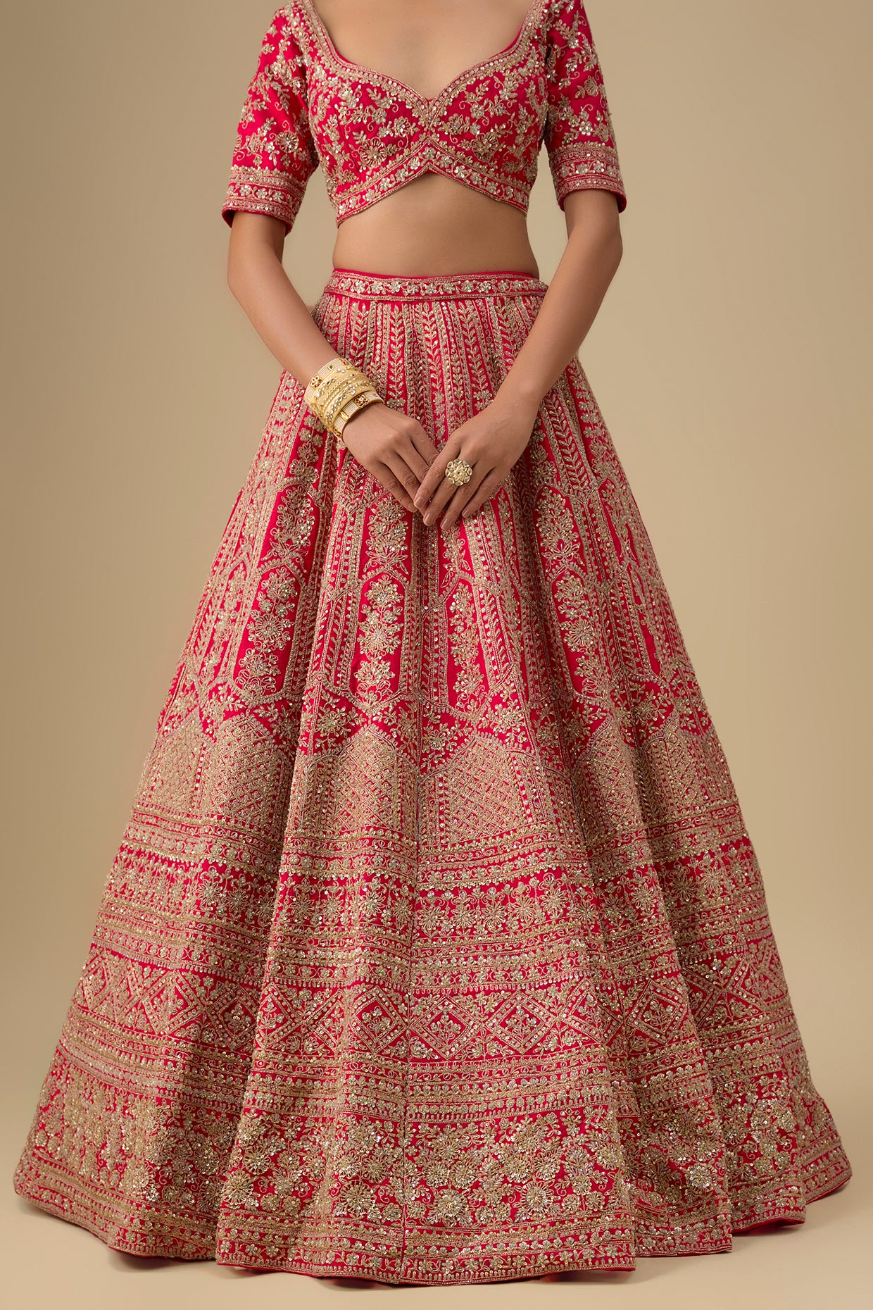 rani pink raw silk hand & machine embroidered lehenga set