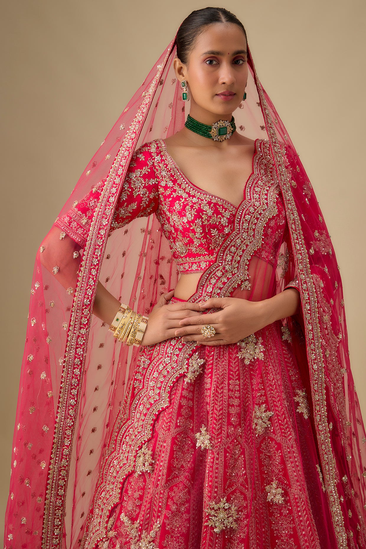 rani pink raw silk hand & machine embroidered lehenga set