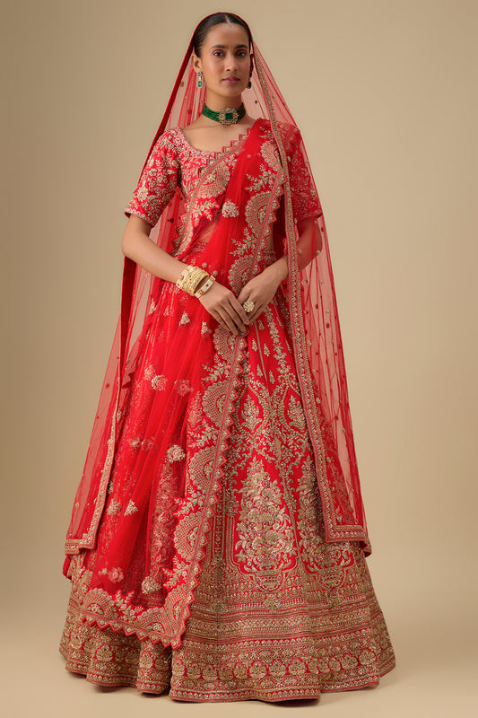 red raw silk zardosi embroidered lehenga set