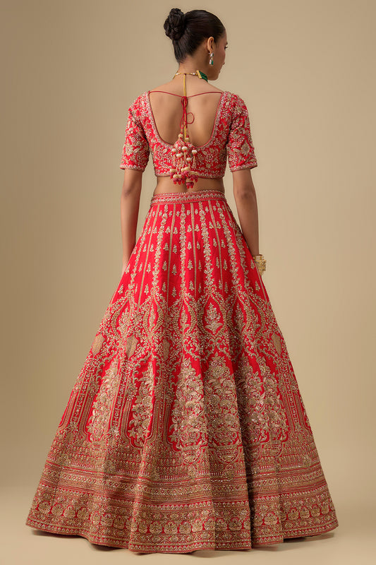 red raw silk zardosi embroidered lehenga set