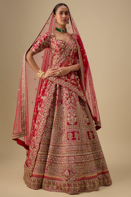 maroon raw silk zardosi embroidered lehenga set