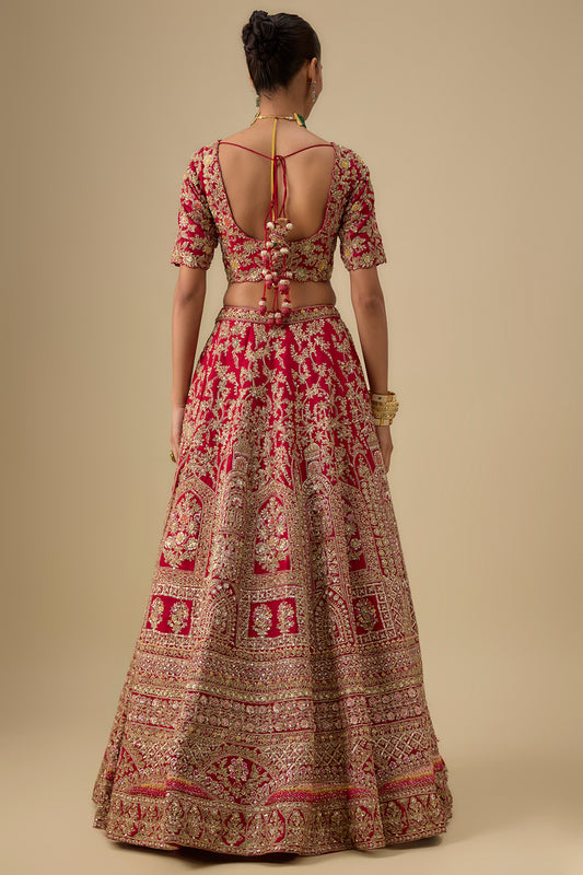 maroon raw silk zardosi embroidered lehenga set