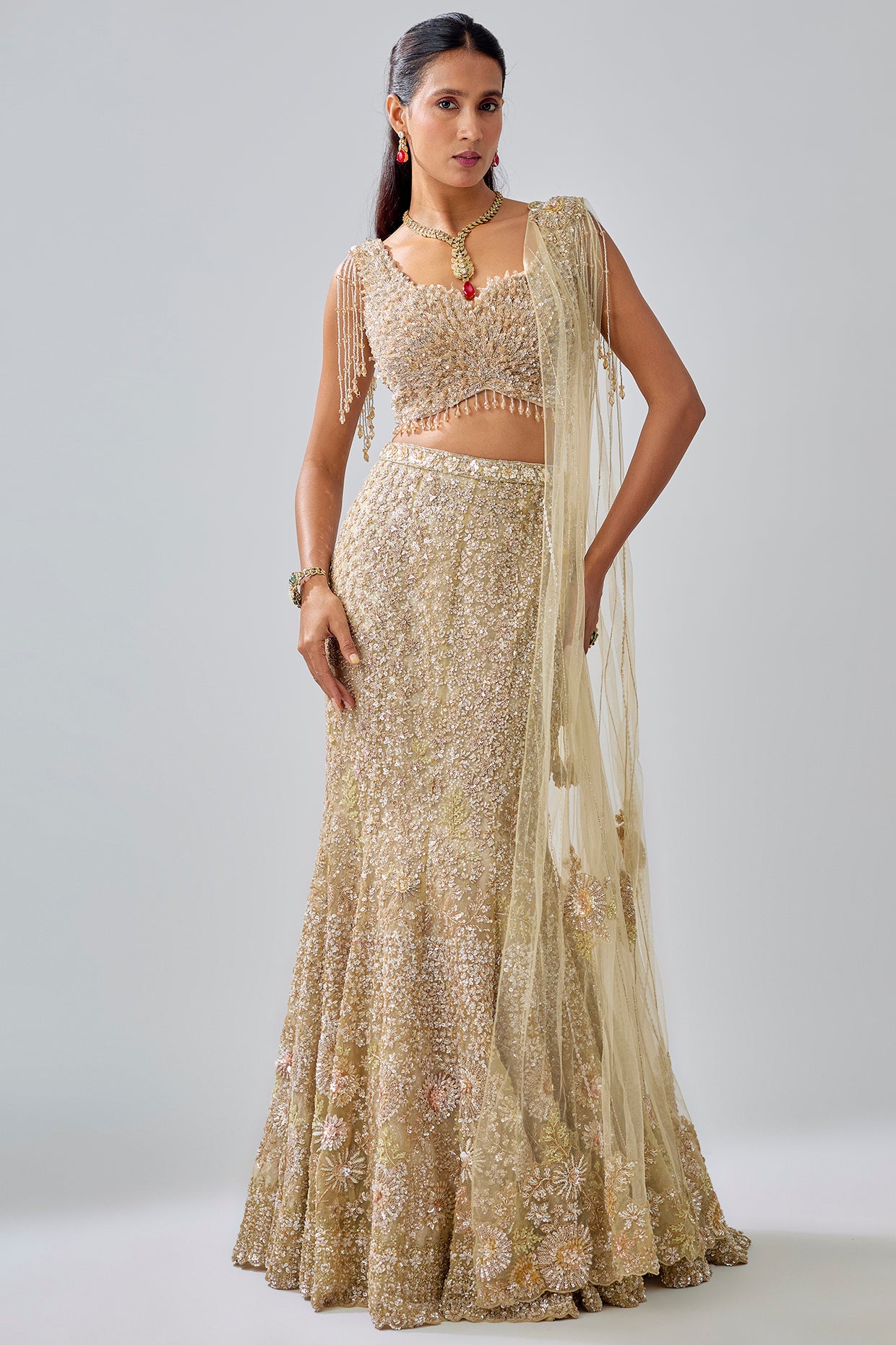 gold tissue organza brocade zardosi embroidered lehenga set