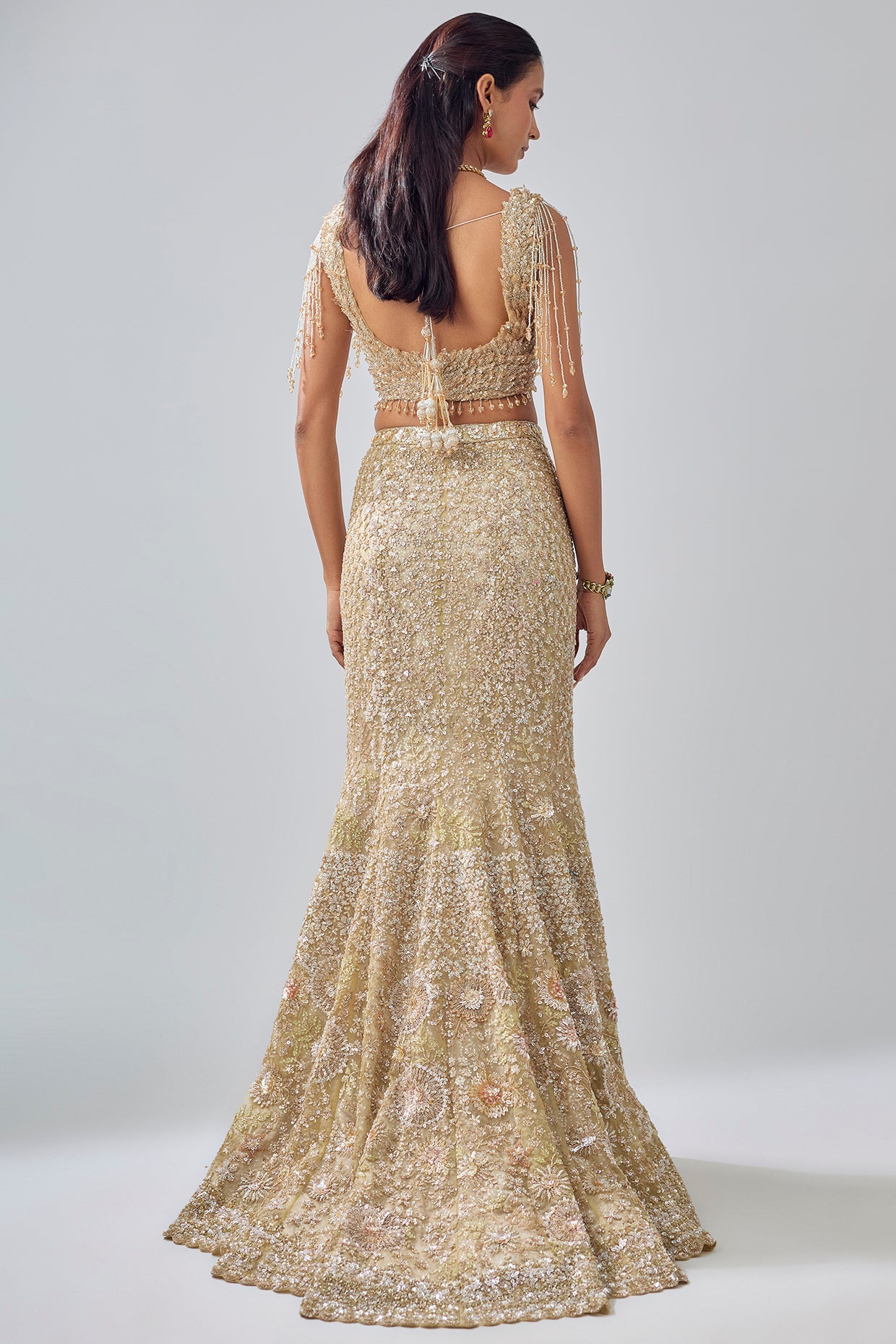 gold tissue organza brocade zardosi embroidered lehenga set