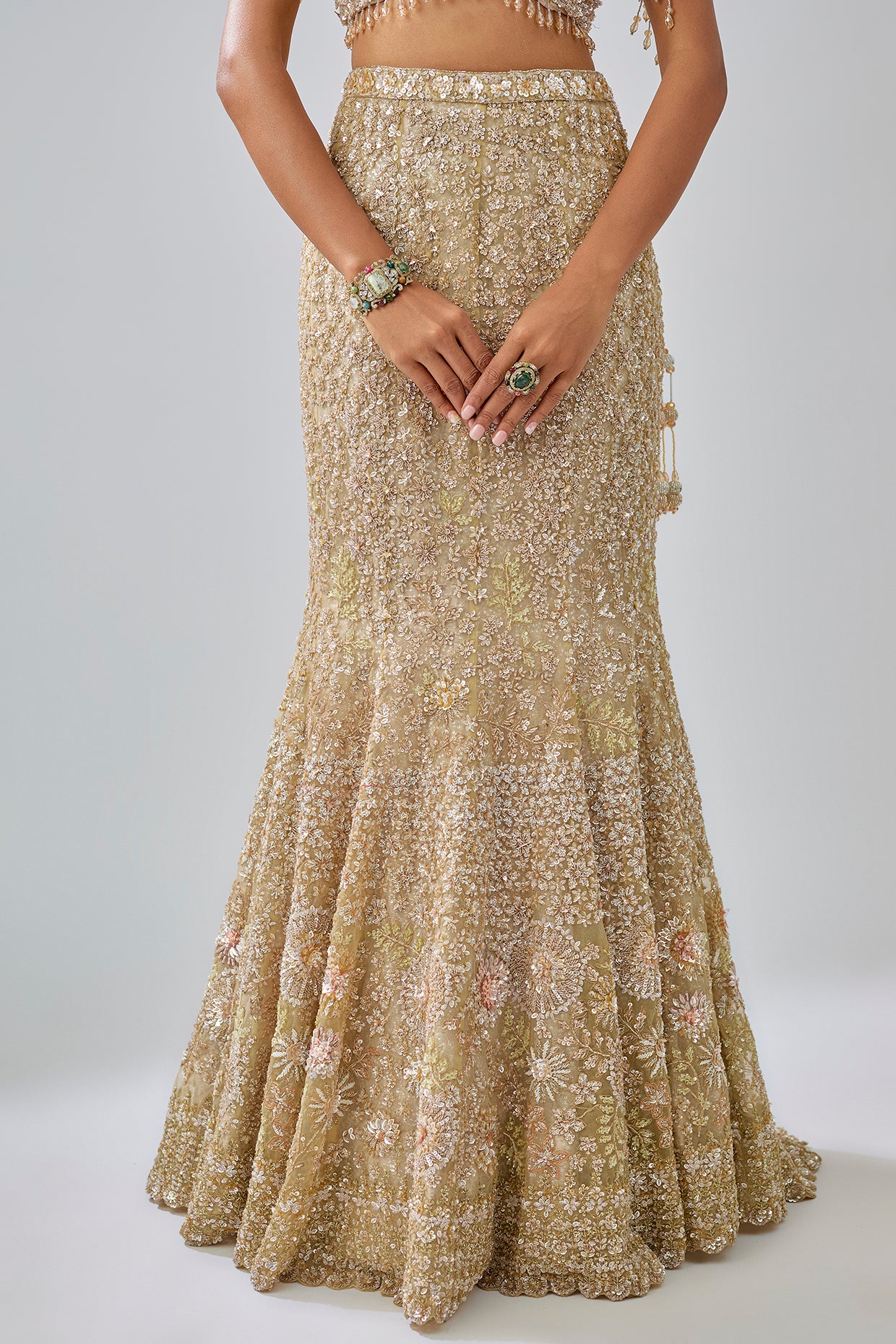 gold tissue organza brocade zardosi embroidered lehenga set