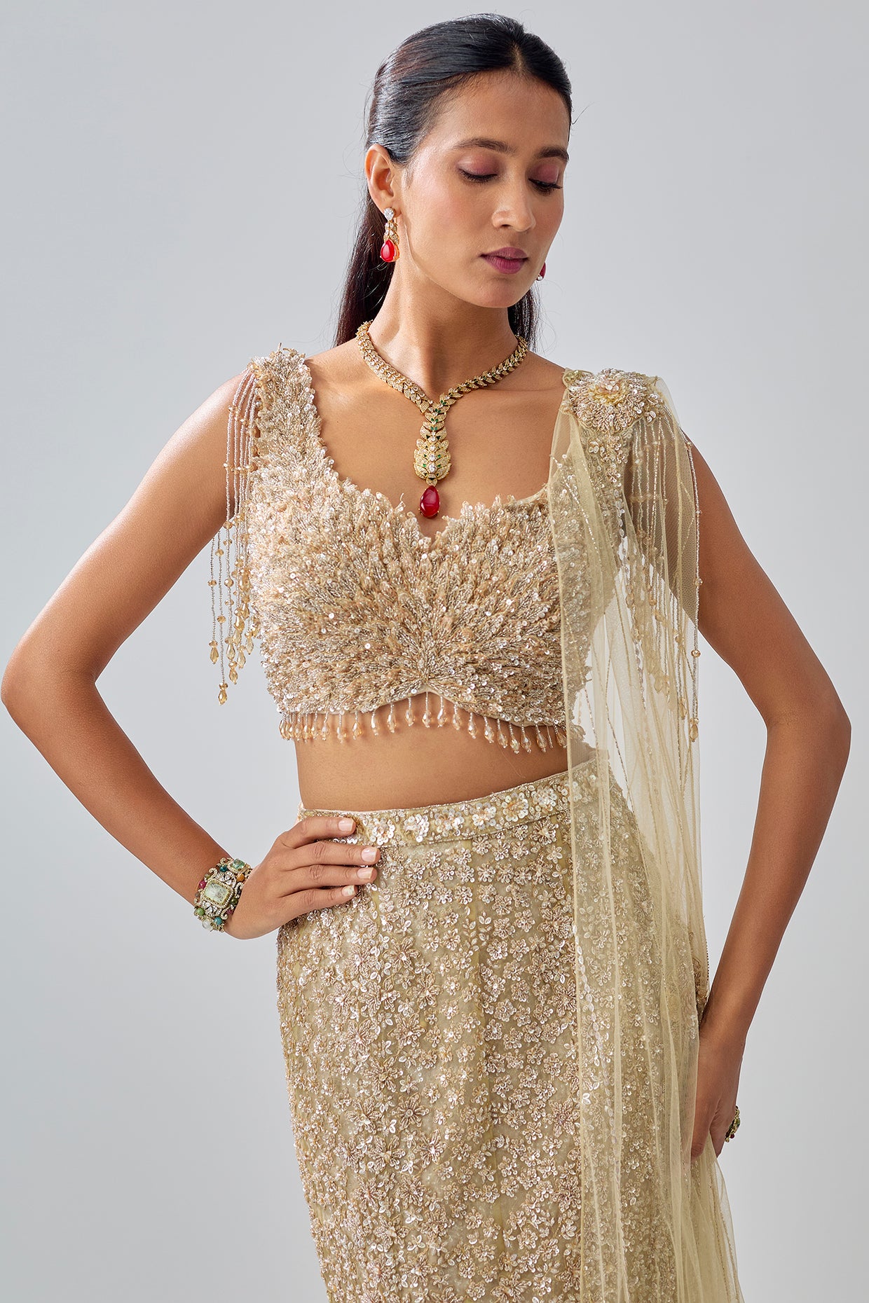 gold tissue organza brocade zardosi embroidered lehenga set