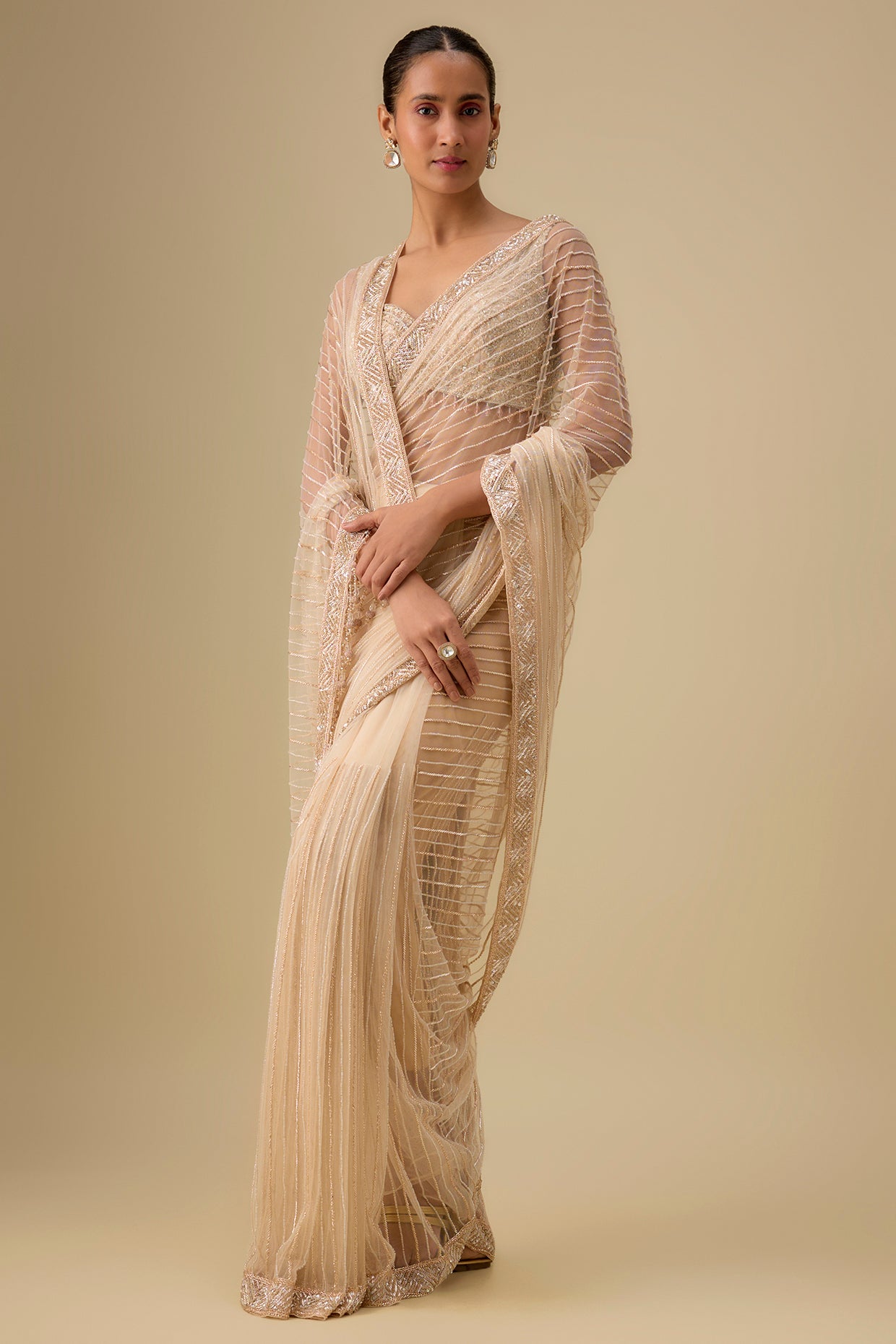 gold tissue hand & machine embroidered saree set