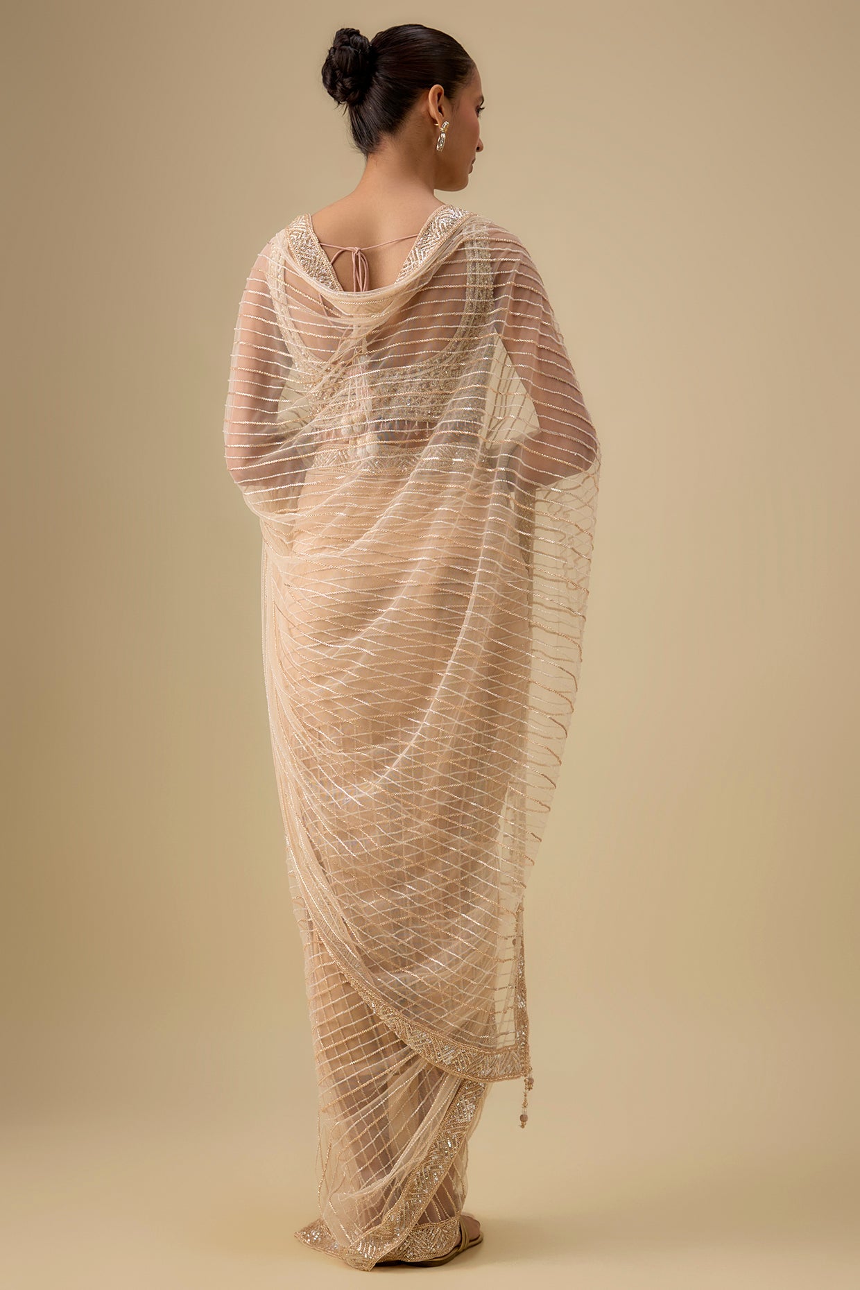 gold tissue hand & machine embroidered saree set