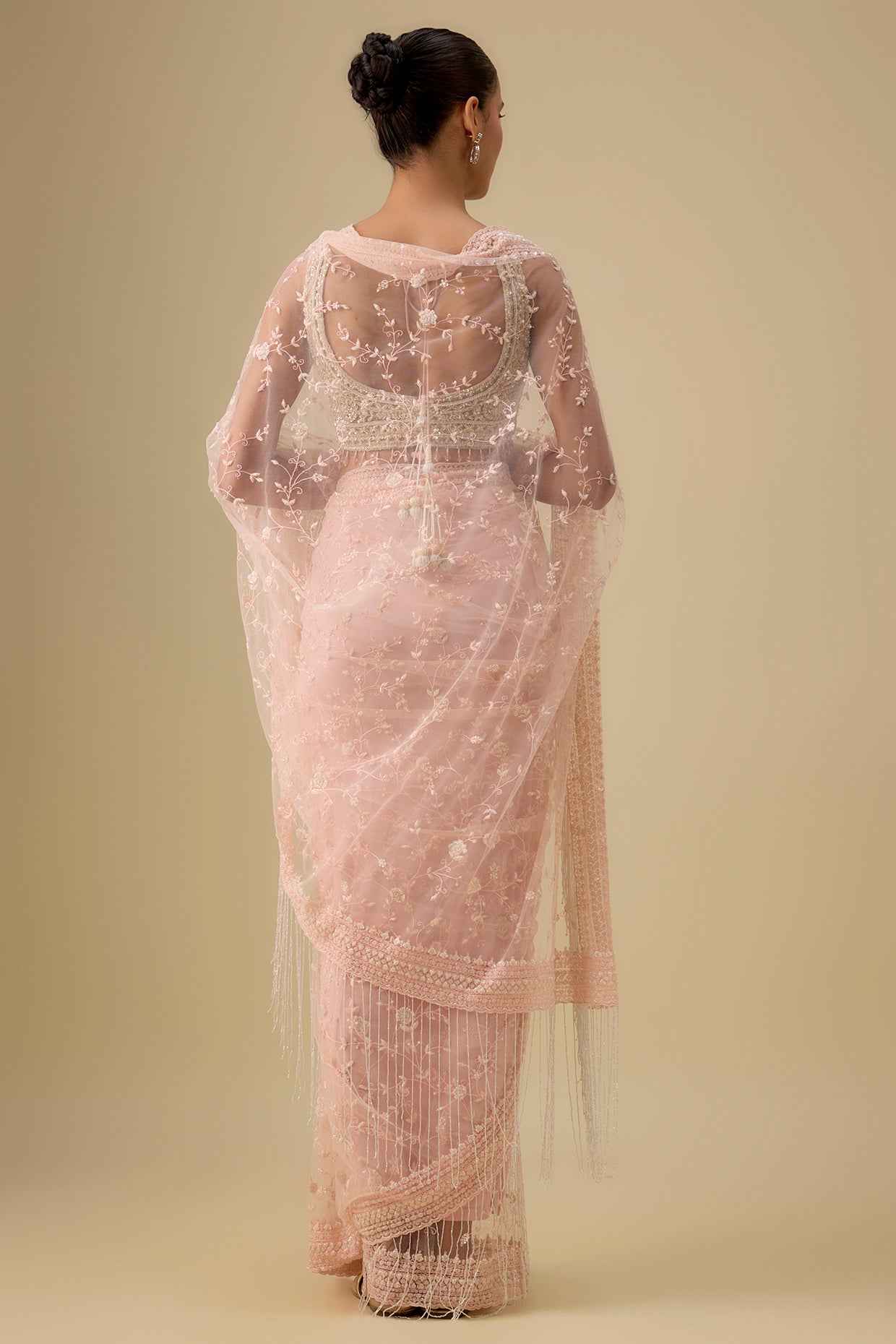 pink net hand & machine embroidered saree set