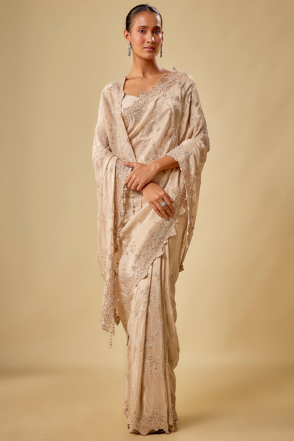 gold tissue hand & machine embroidered saree set