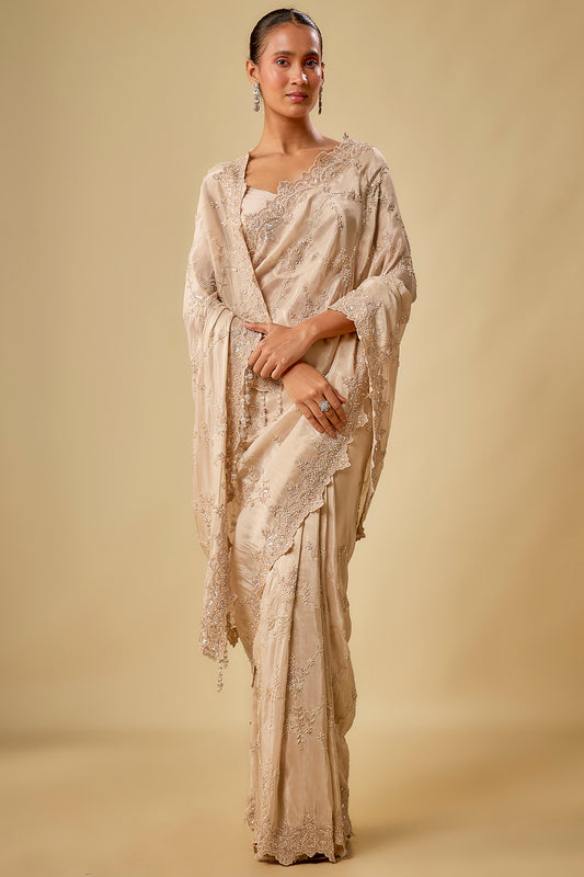 gold tissue hand & machine embroidered saree set