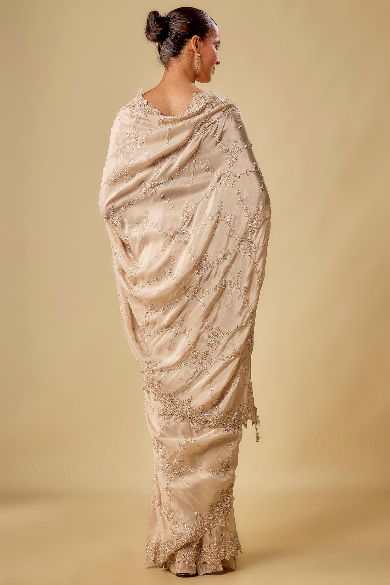 gold tissue hand & machine embroidered saree set