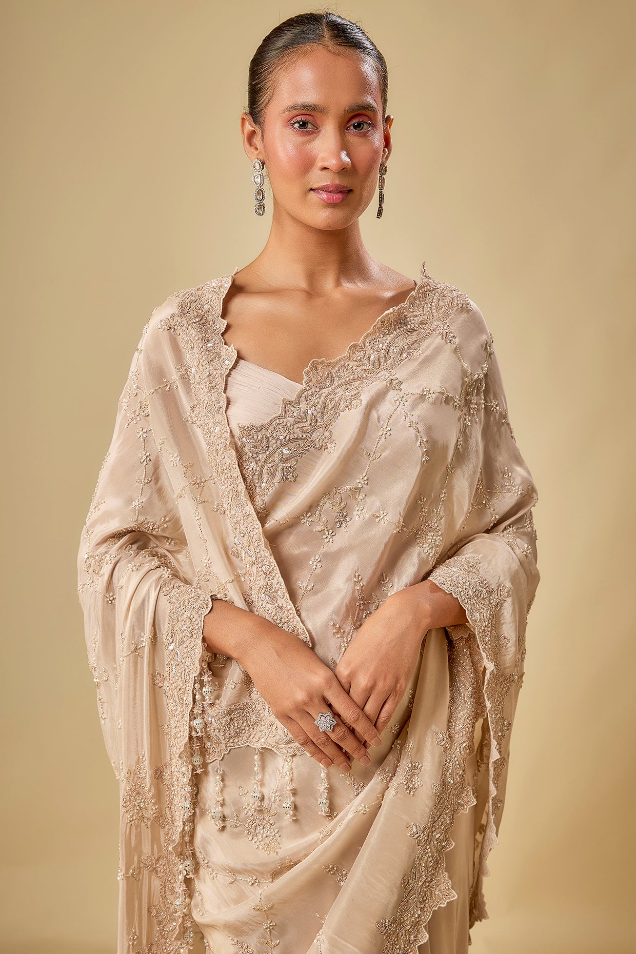 gold tissue hand & machine embroidered saree set