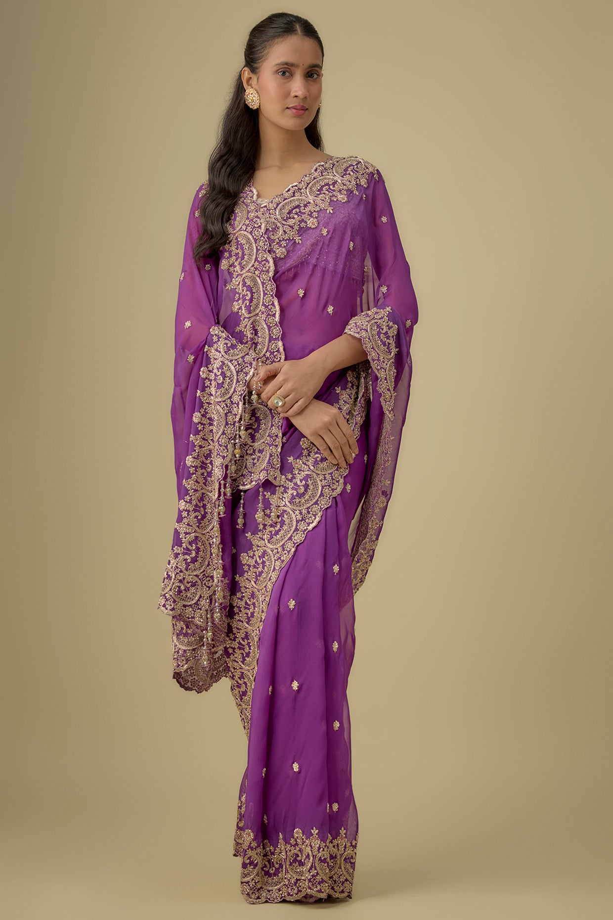 purple tissue hand & machine embroidered saree set