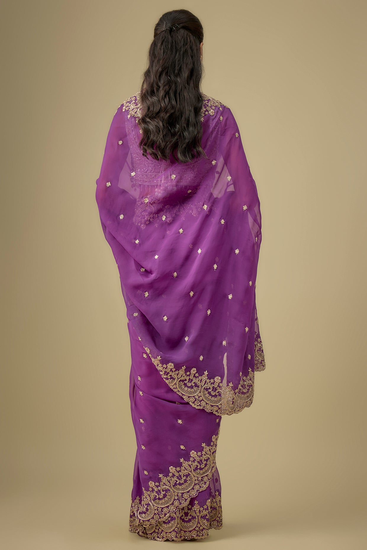 purple tissue hand & machine embroidered saree set