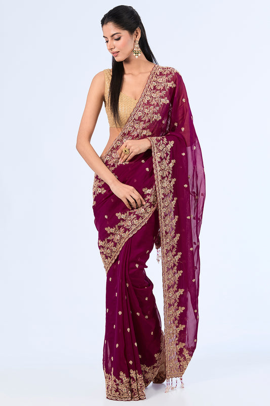 wine organza hand & machine embroidered saree set