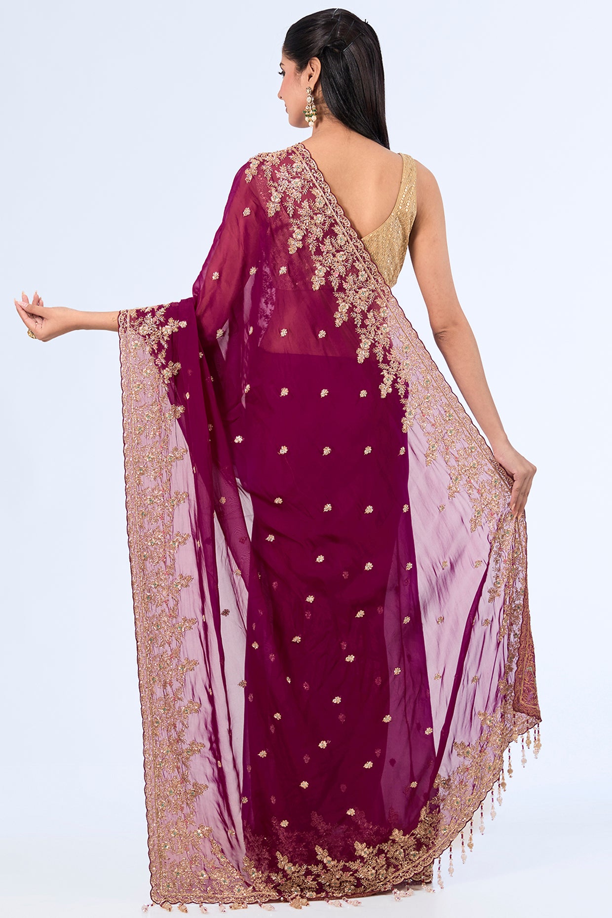 wine organza hand & machine embroidered saree set
