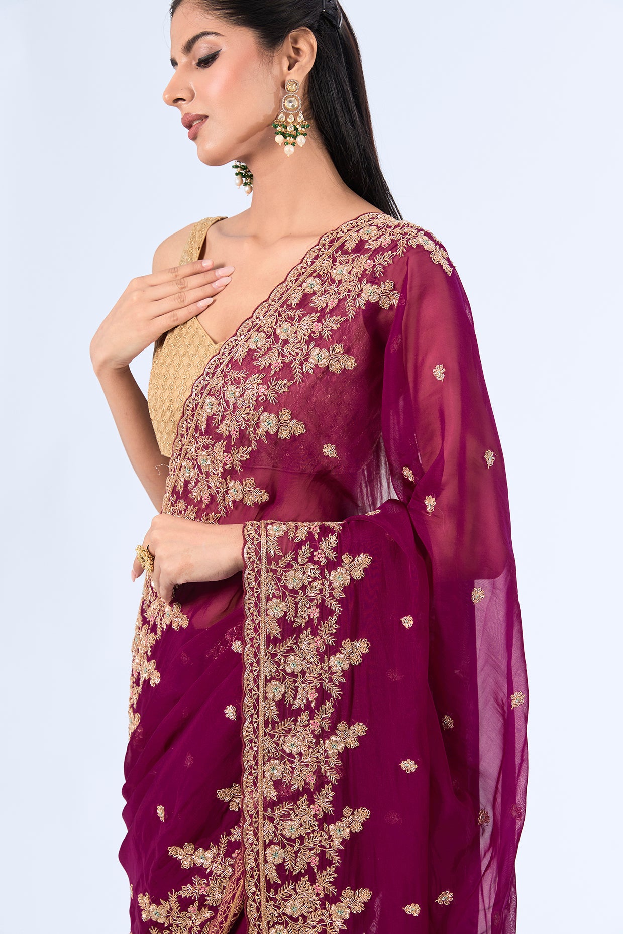 wine organza hand & machine embroidered saree set