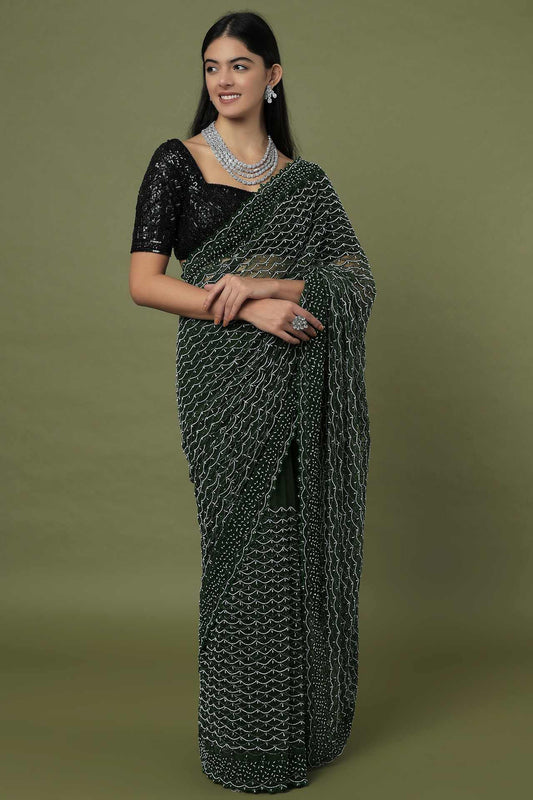 dark green embroidered saree set