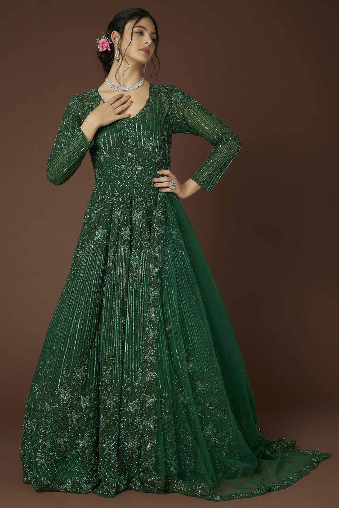 green hand embellished gown
