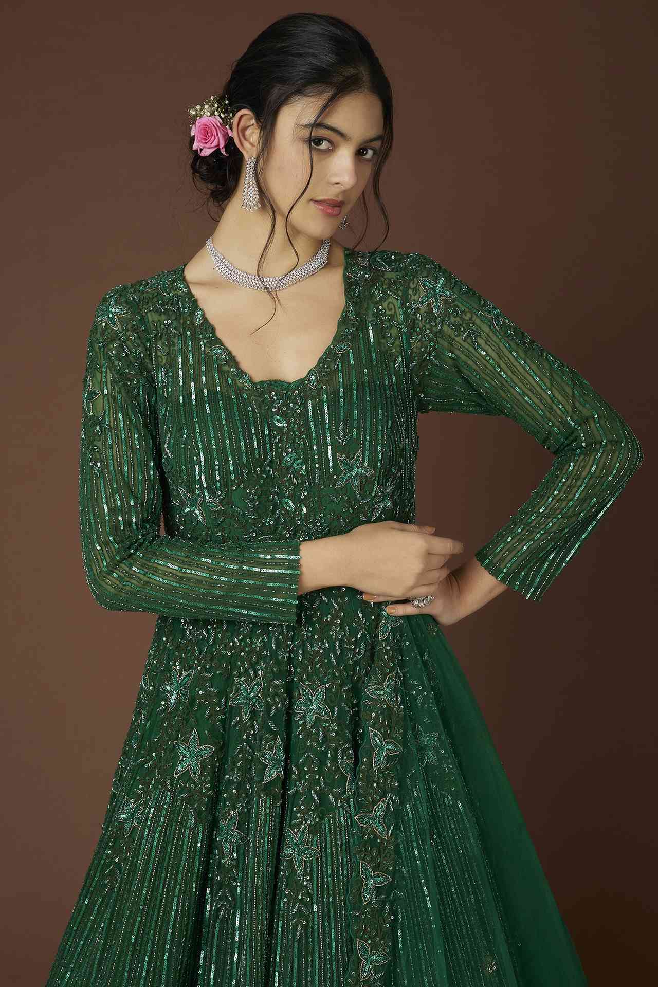 green hand embellished gown