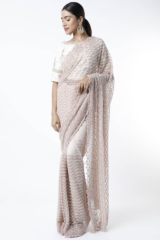 peach embroidered saree set