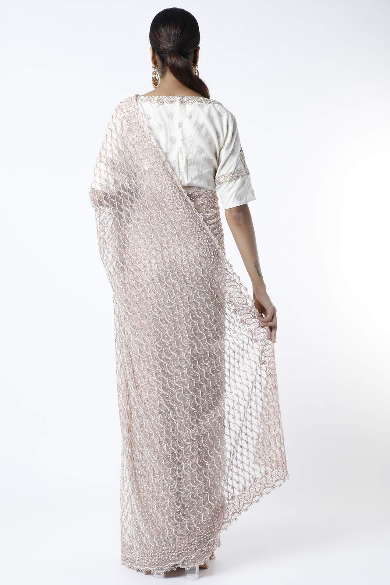 peach embroidered saree set