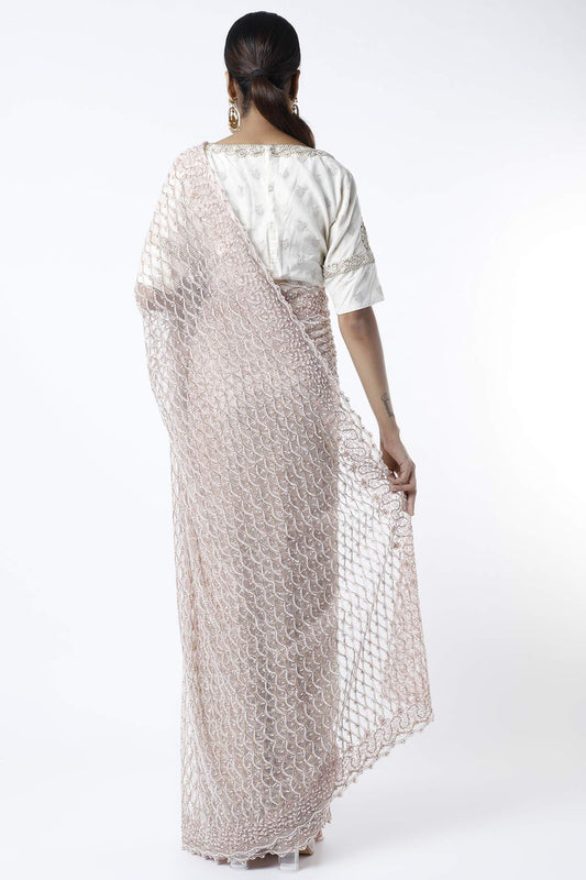 peach embroidered saree set