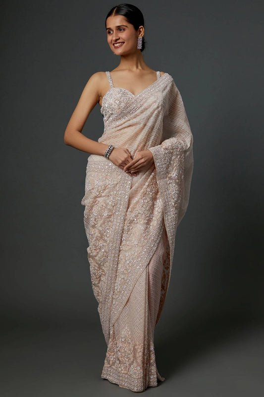 nude organza embroidered saree set