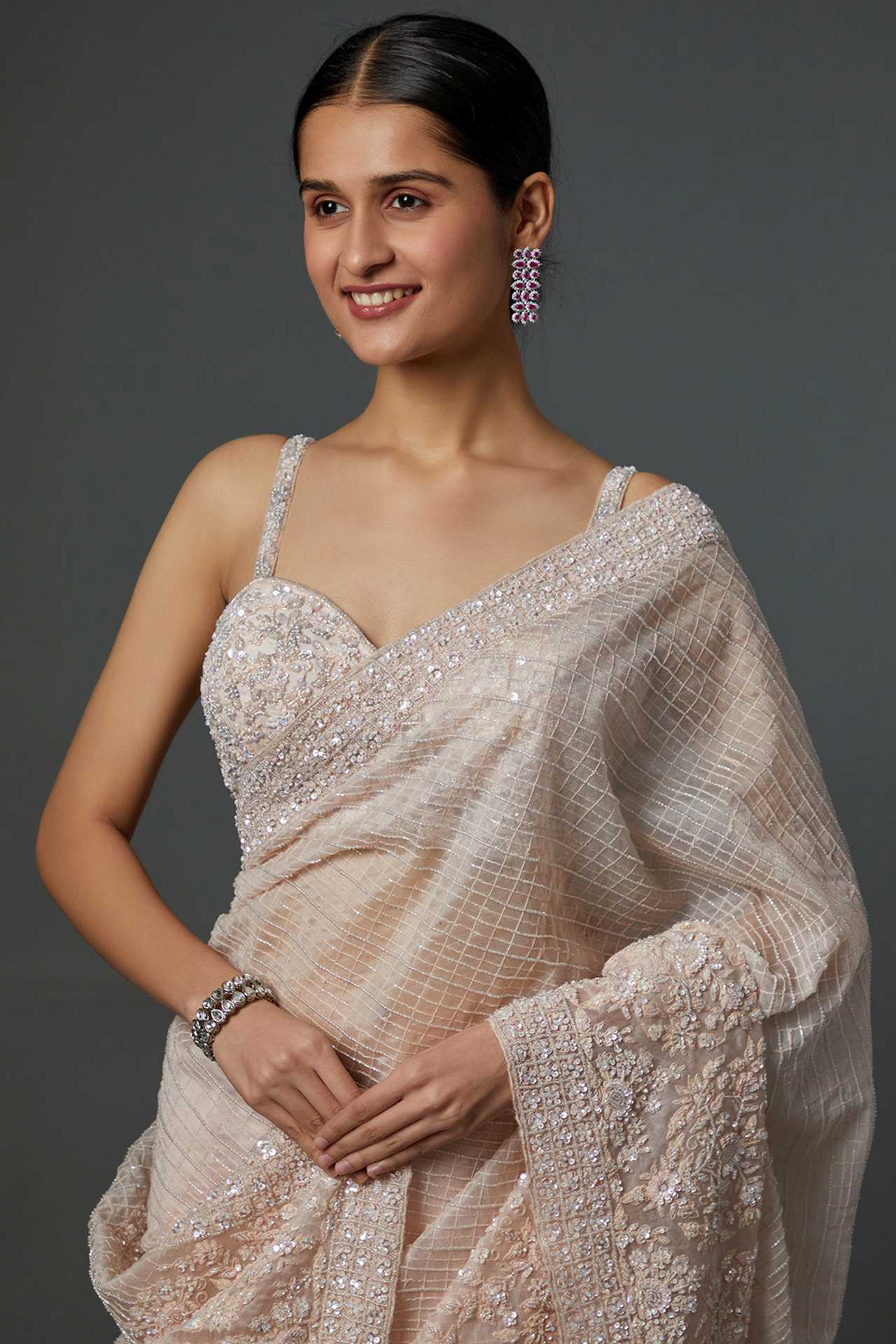 nude organza embroidered saree set