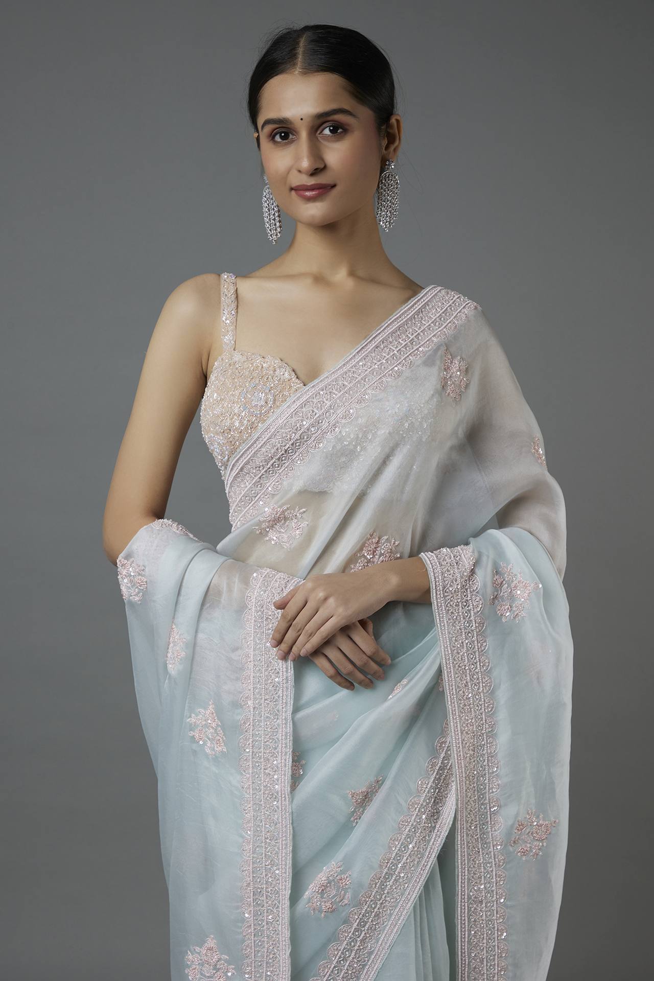 blue embellished saree set