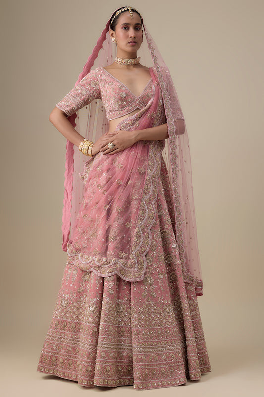 pink velvet hand embroidered lehenga set
