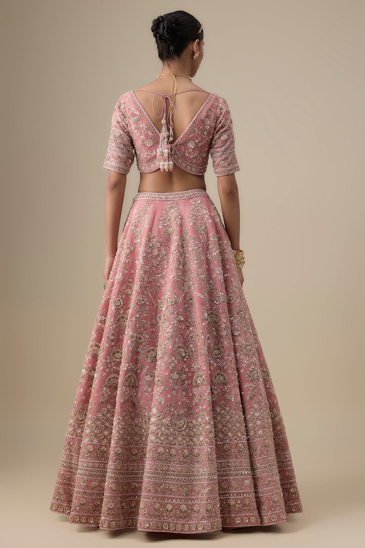 pink velvet hand embroidered lehenga set