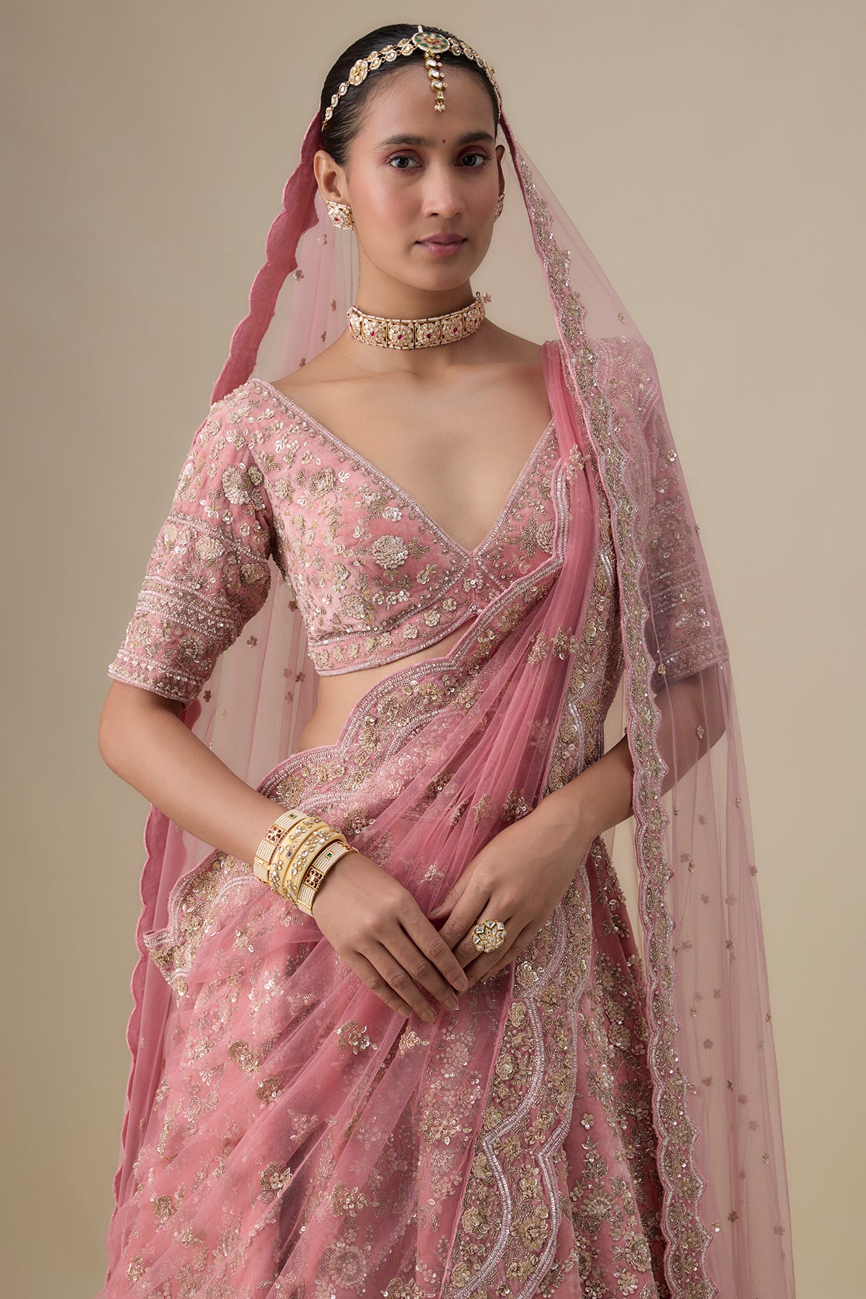 pink velvet hand embroidered lehenga set