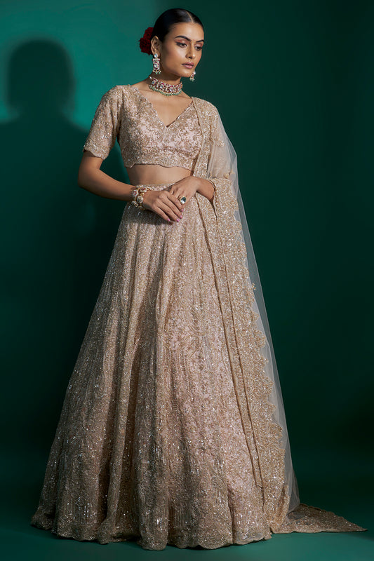 peach organza cutdana hand & machine embroidered lehenga set