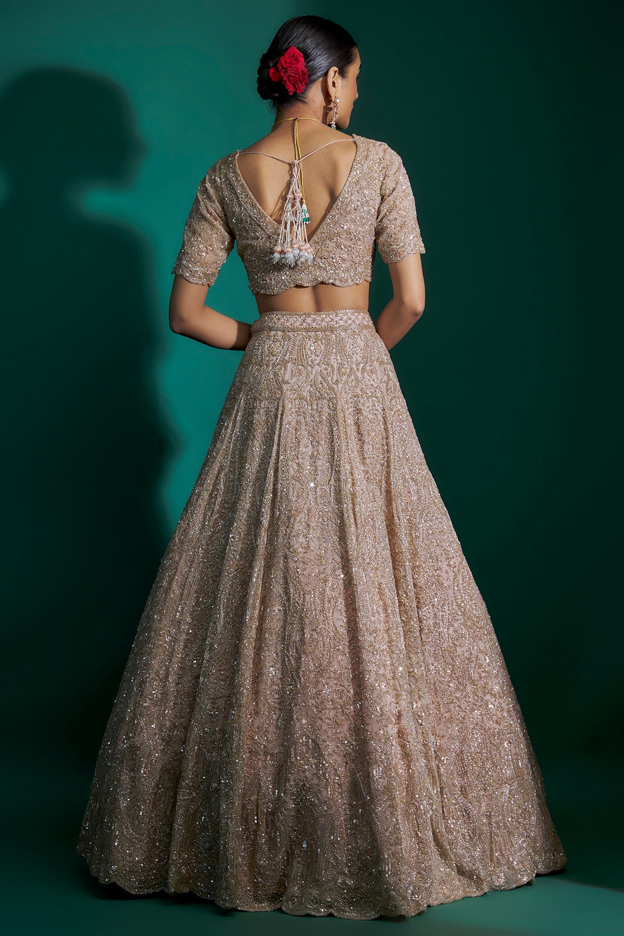 peach organza cutdana hand & machine embroidered lehenga set